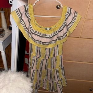 Yellow and Pink Striped Dress with Ruffles